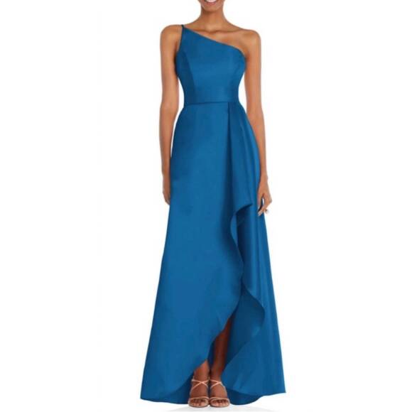 NEW ALFRED SUNG one-shoulder twill high-low gown in classic blue